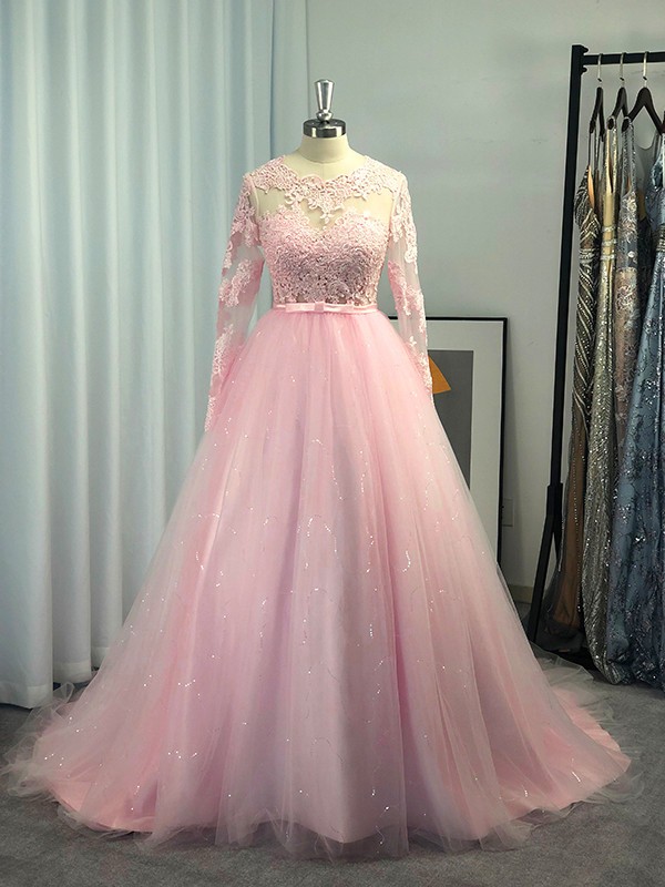 Ball Gown Long Sleeves Tulle Lace Jewel Sweep/Brush Train Dresses 5645