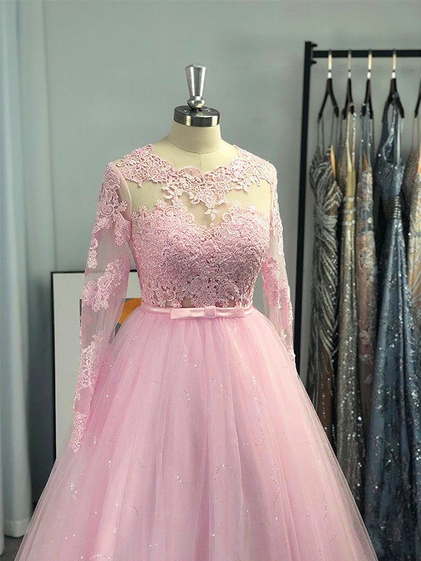 Ball Gown Long Sleeves Tulle Lace Jewel Sweep/Brush Train Dresses 5645