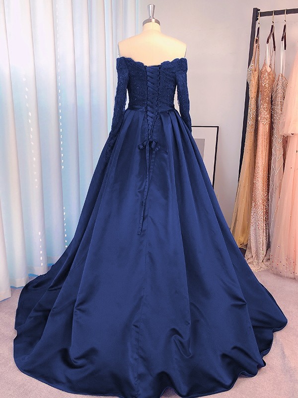 Ball Gown Satin Off-the-Shoulder Beading Long Sleeves Sweep/Brush Train Dresses 5680