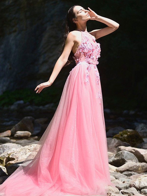 A-Line/Princess Tulle Applique Halter Sleeveless Sweep/Brush Train Dresses 5135