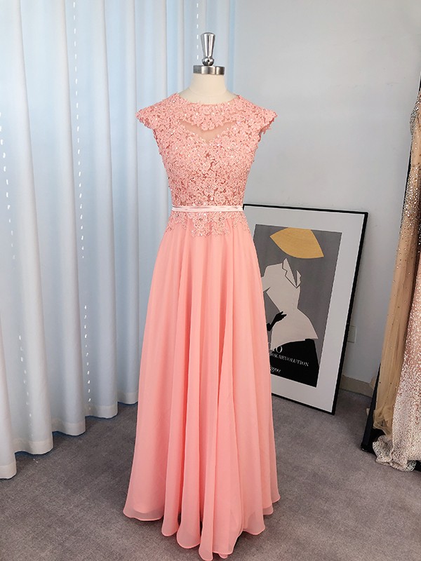 A-Line/Princess Applique Scoop Chiffon Sleeveless Floor-Length Dresses 3337