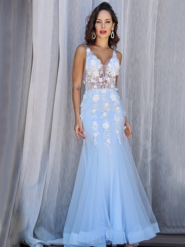 Trumpet/Mermaid Tulle V-neck Sleeveless Applique Floor-Length Dresses 7570