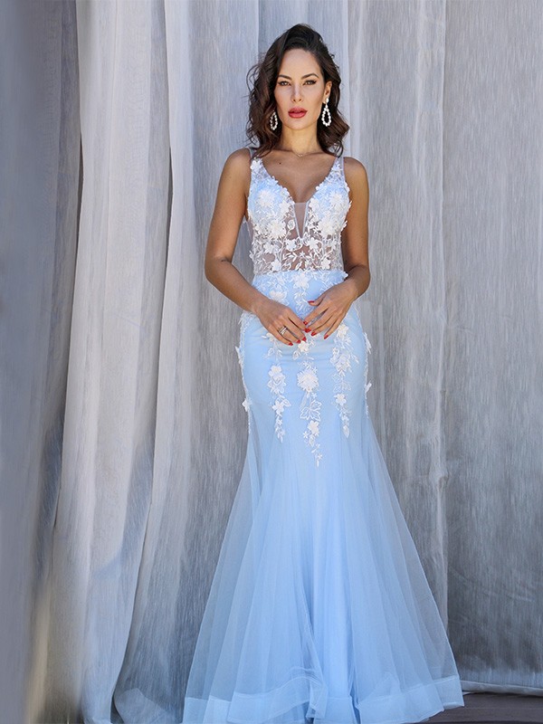 Trumpet/Mermaid Tulle V-neck Sleeveless Applique Floor-Length Dresses 7570