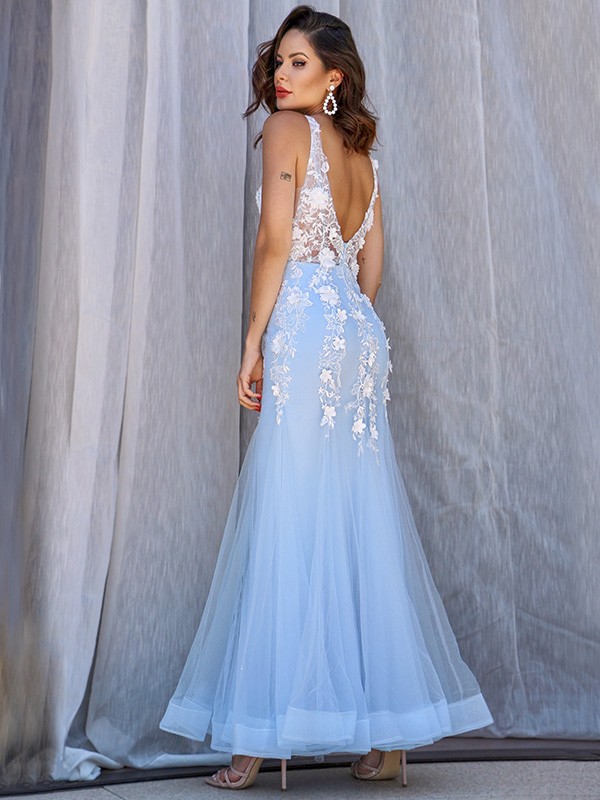 Trumpet/Mermaid Tulle V-neck Sleeveless Applique Floor-Length Dresses 7570