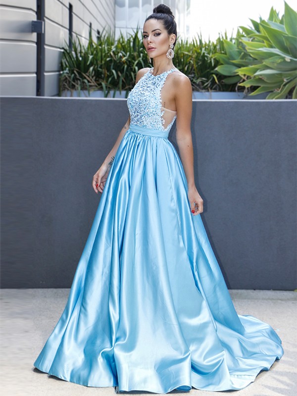 A-Line/Princess Satin Halter Sleeveless Applique Sweep/Brush Train Dresses 4096