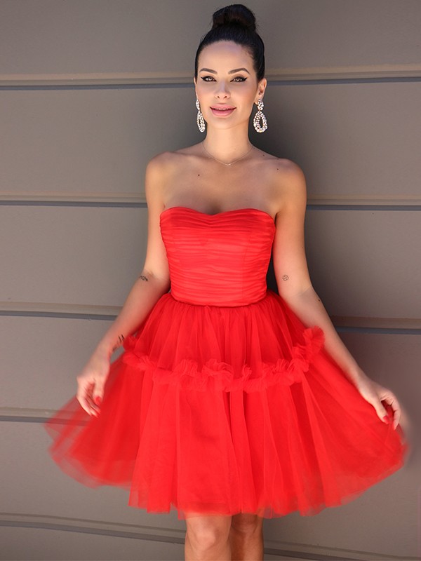 A-Line/Princess Strapless Tulle Ruffles Sleeveless Short/Mini Homecoming Dresses 4795