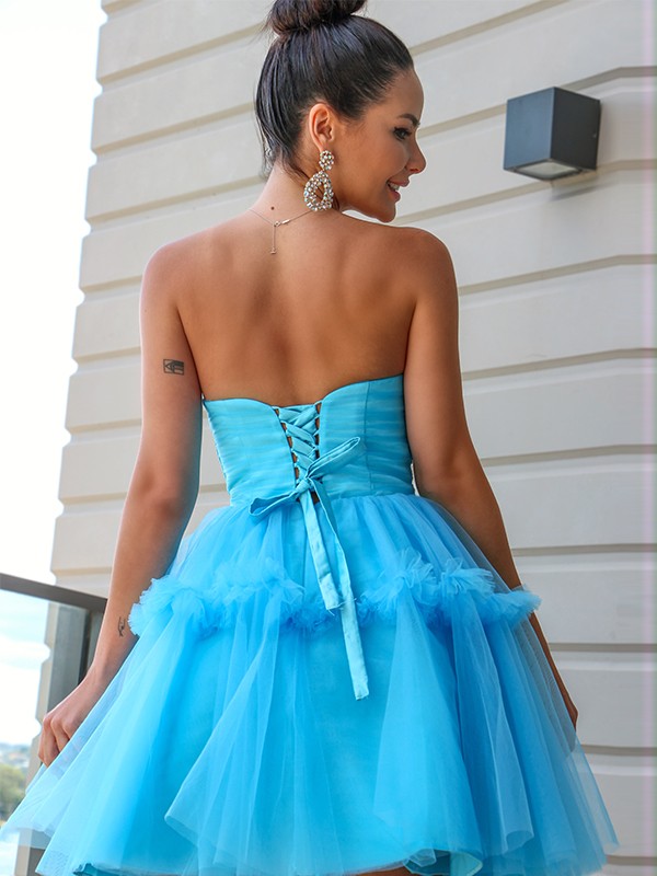 A-Line/Princess Strapless Tulle Ruffles Sleeveless Short/Mini Homecoming Dresses 4795