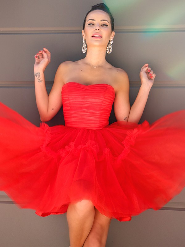 A-Line/Princess Strapless Tulle Ruffles Sleeveless Short/Mini Homecoming Dresses 4795