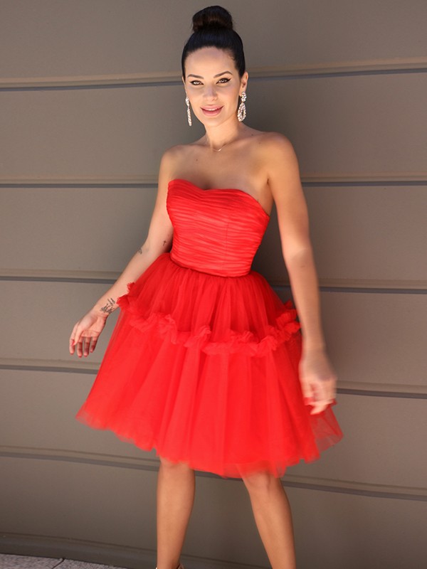 A-Line/Princess Strapless Tulle Ruffles Sleeveless Short/Mini Homecoming Dresses 4795