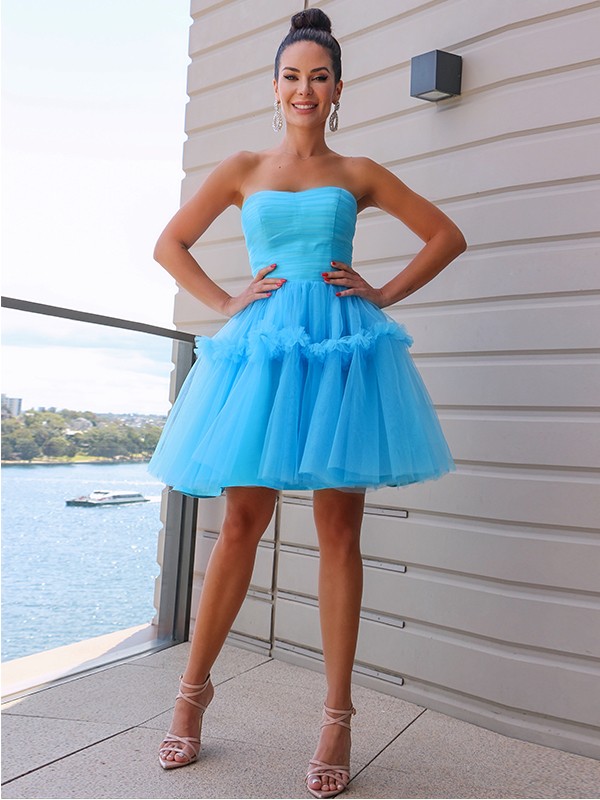 A-Line/Princess Strapless Tulle Ruffles Sleeveless Short/Mini Homecoming Dresses 4795