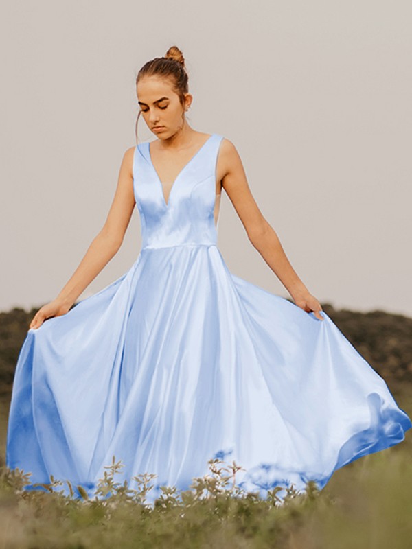 A-Line/Princess Ruffles V-neck Sleeveless Satin Sweep/Brush Train Dresses 4043