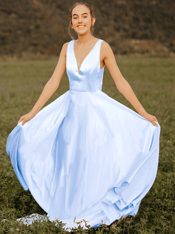 A-Line/Princess Ruffles V-neck Sleeveless Satin Sweep/Brush Train Dresses 4043