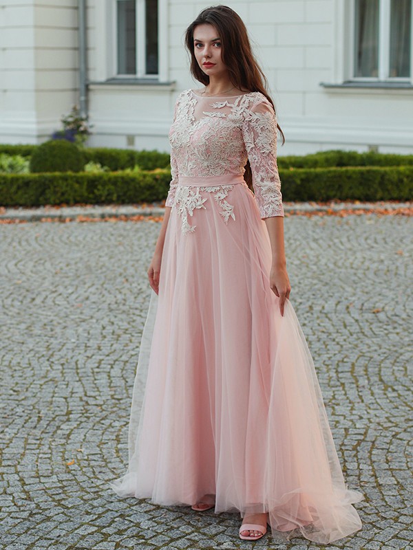 A-Line/Princess Tulle Applique Bateau 3/4 Sleeves Sweep/Brush Train Dresses 5126