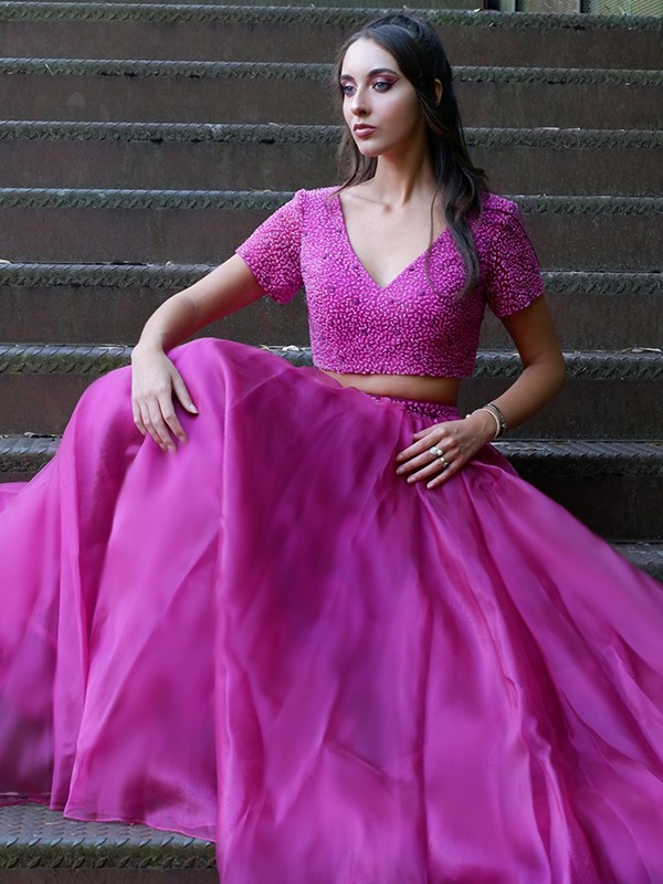 A-Line/Princess Tulle V-neck Beading Short Sleeves Floor-Length Two Piece Dresses 5420