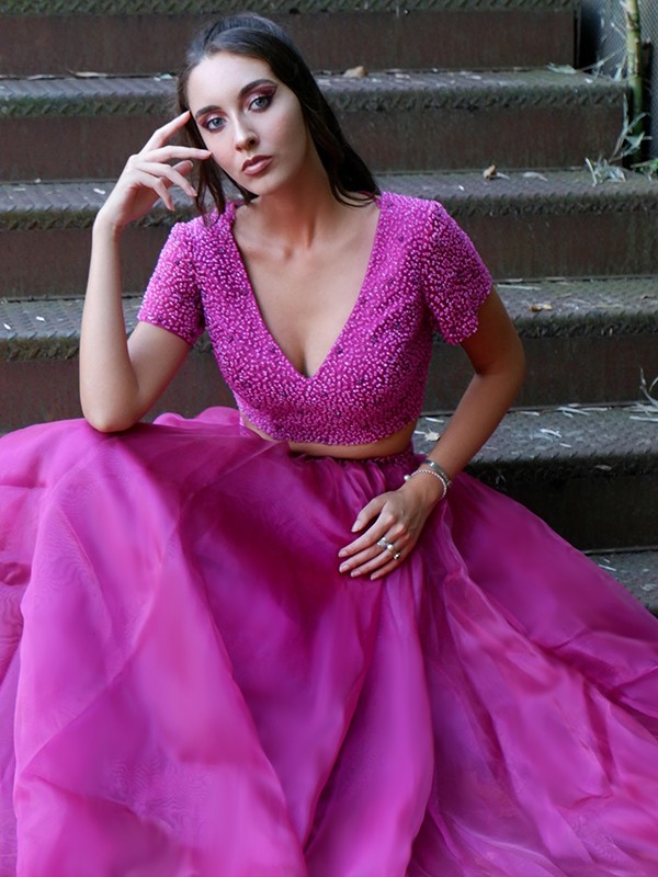 A-Line/Princess Tulle V-neck Beading Short Sleeves Floor-Length Two Piece Dresses 5420