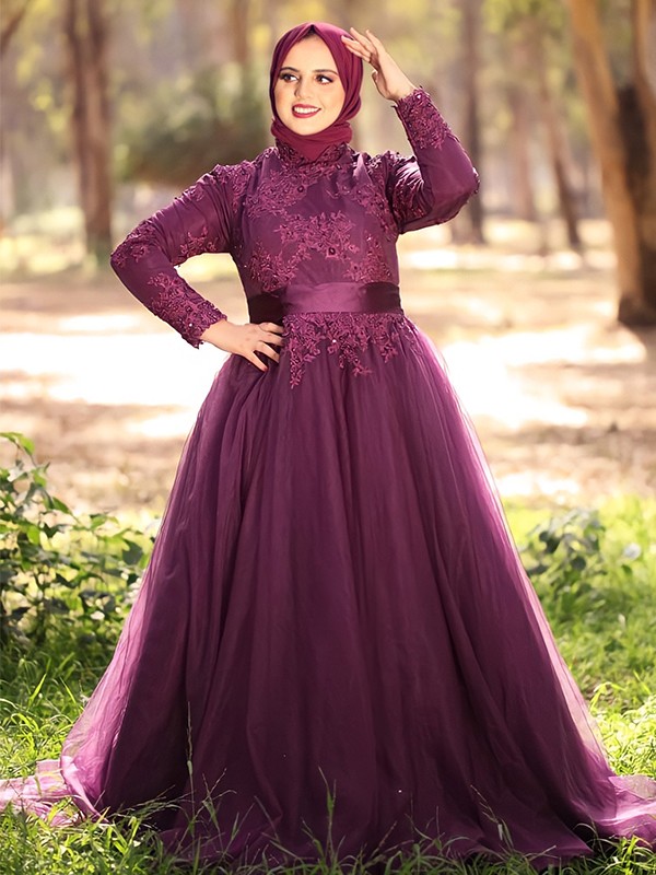 Ball Gown High Neck Tulle Applique Long Sleeves Sweep/Brush Train Muslim Dresses 5631