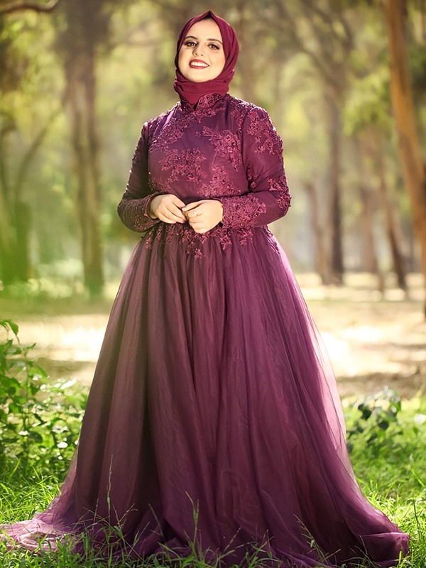 Ball Gown High Neck Tulle Applique Long Sleeves Sweep/Brush Train Muslim Dresses 5631