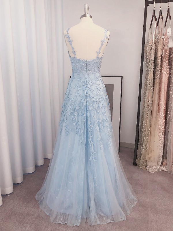 A-Line/Princess Sleeveless V-neck Applique Tulle Floor-Length Dresses 4634