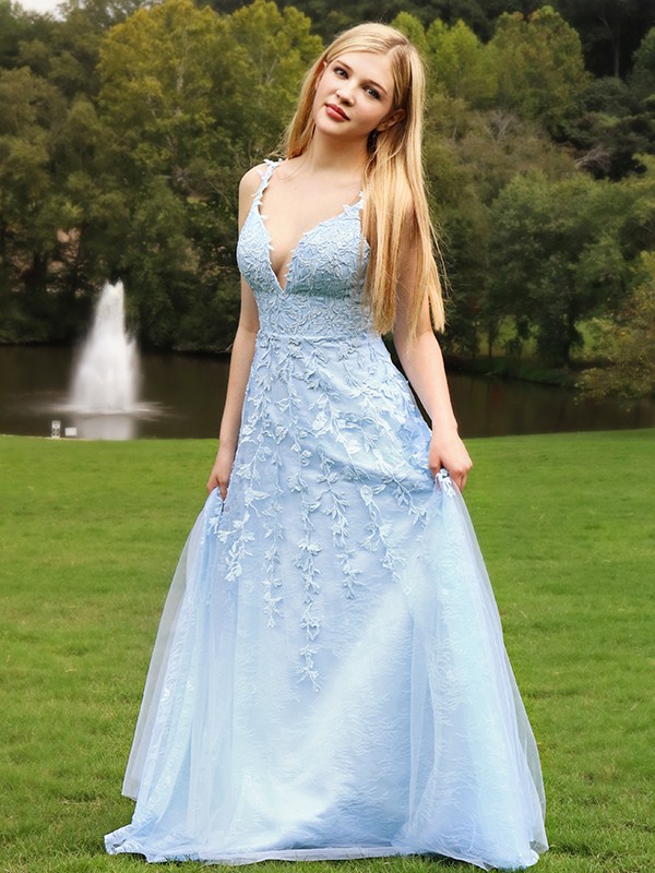 A-Line/Princess Sleeveless V-neck Applique Tulle Floor-Length Dresses 4634