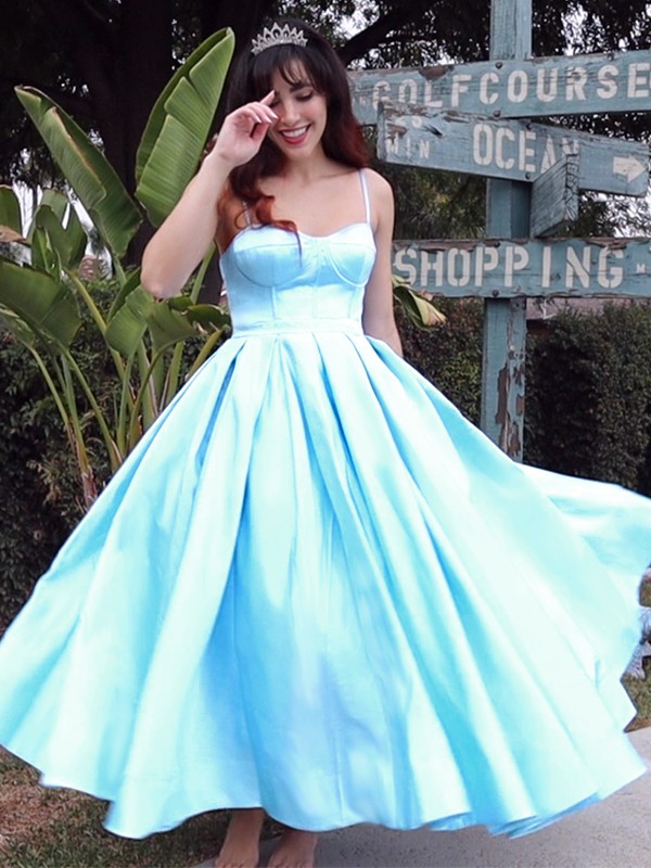 Ball Gown Spaghetti Straps Sleeveless Satin Ruffles Tea-Length Homecoming Dresses 5739