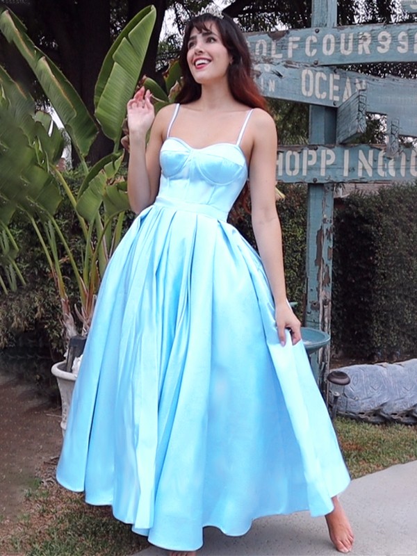 Ball Gown Spaghetti Straps Sleeveless Satin Ruffles Tea-Length Homecoming Dresses 5739