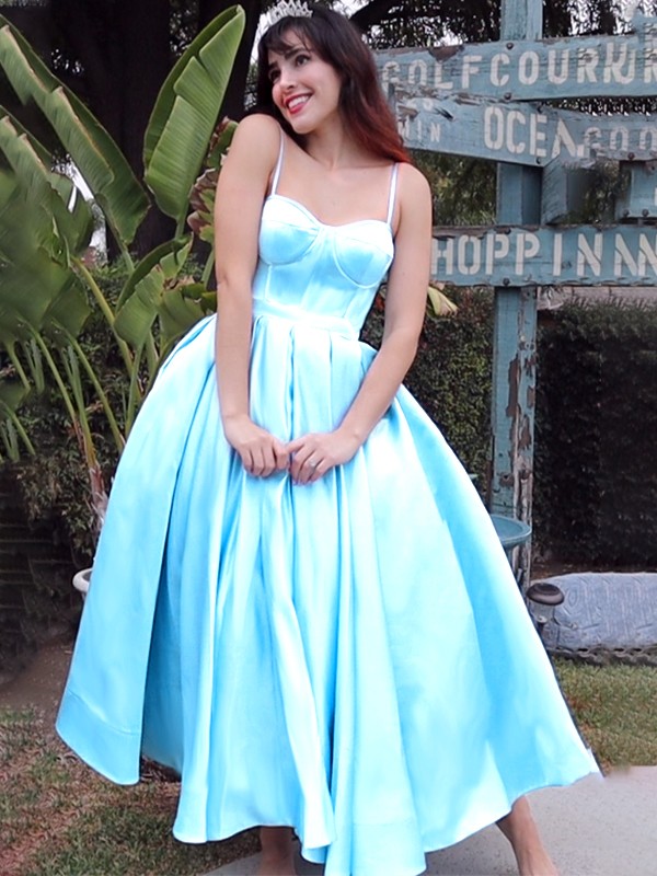 Ball Gown Spaghetti Straps Sleeveless Satin Ruffles Tea-Length Homecoming Dresses 5739