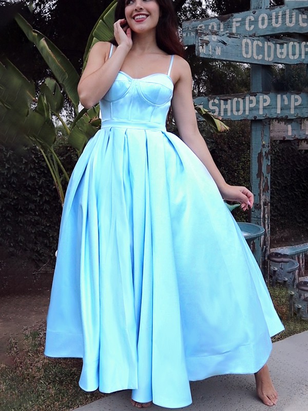 Ball Gown Spaghetti Straps Sleeveless Satin Ruffles Tea-Length Homecoming Dresses 5739