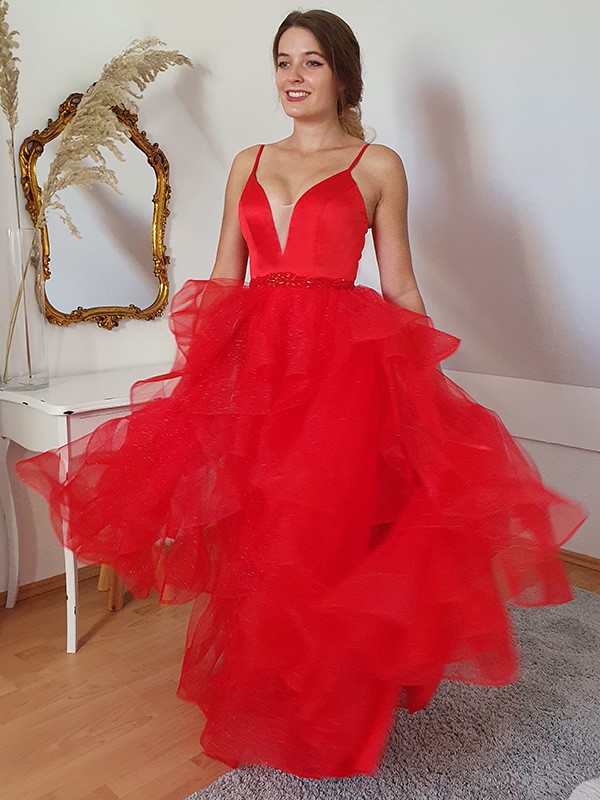 A-Line/Princess Tulle Layers Spaghetti Straps Sleeveless Floor-Length Dresses 5331