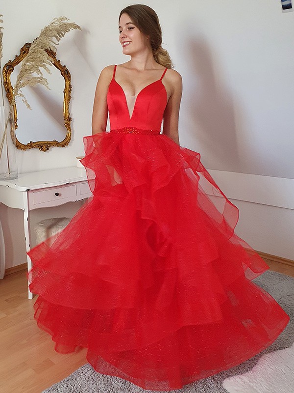 A-Line/Princess Tulle Layers Spaghetti Straps Sleeveless Floor-Length Dresses 5331