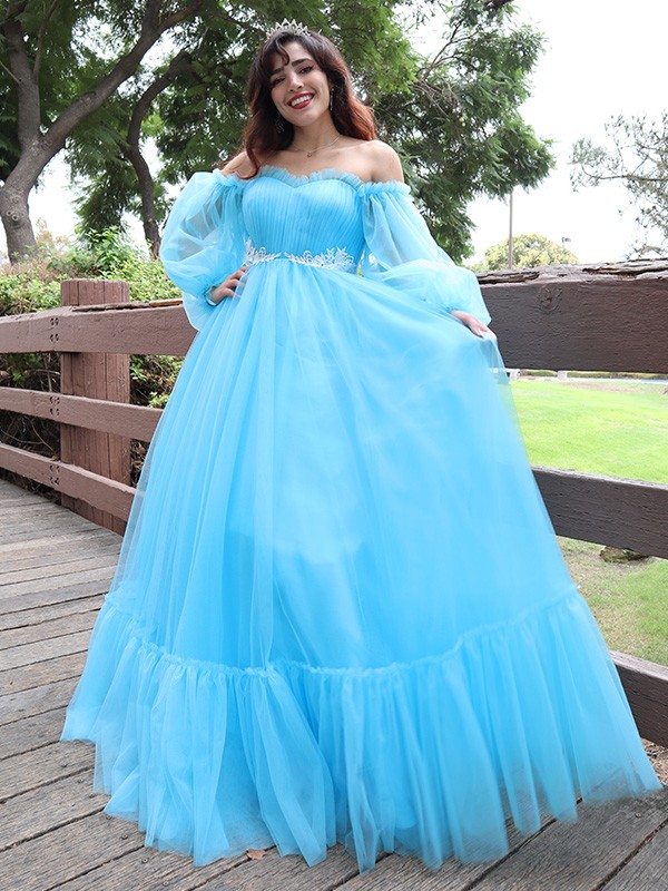 A-Line/Princess Off-the-Shoulder Tulle Applique Long Sleeves Floor-Length Dresses 3826