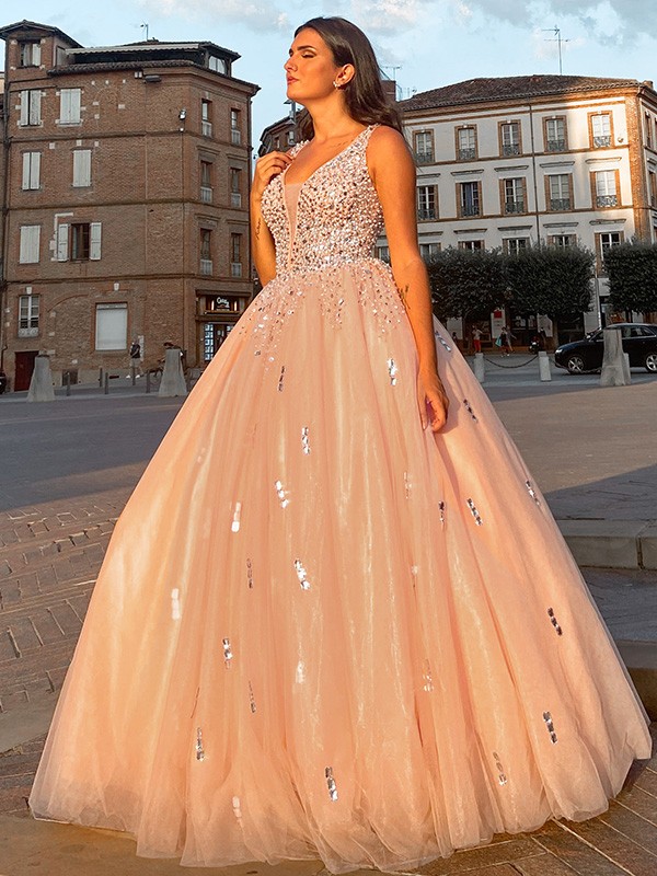 Ball Gown Tulle V-neck Beading Sleeveless Floor-Length Dresses 5802