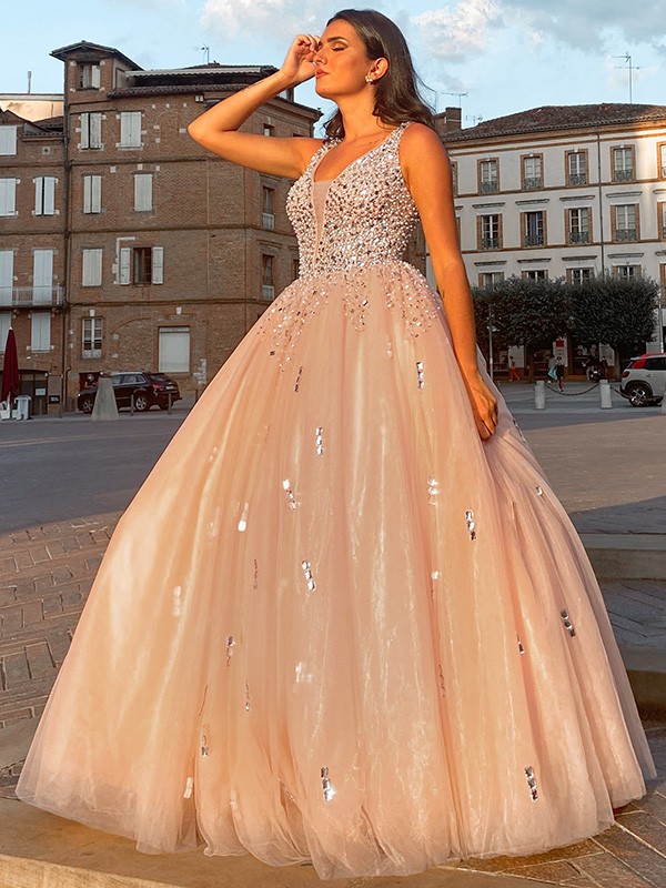 Ball Gown Tulle V-neck Beading Sleeveless Floor-Length Dresses 5802