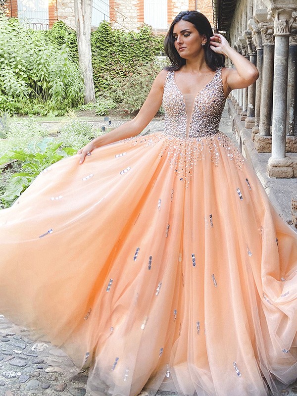 Ball Gown Tulle V-neck Beading Sleeveless Floor-Length Dresses 5802