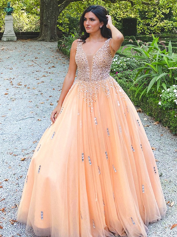 Ball Gown Tulle V-neck Beading Sleeveless Floor-Length Dresses 5802