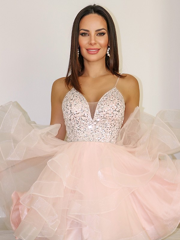 A-Line/Princess Spaghetti Straps Tulle Beading Sleeveless Short/Mini Homecoming Dresses 4690