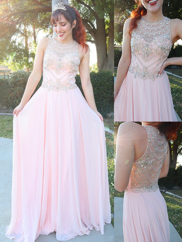 A-Line/Princess Chiffon Crystal Scoop Sleeveless Floor-Length Dresses 3463