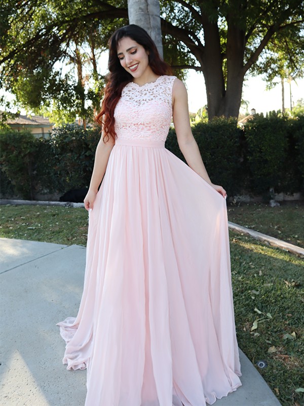 A-Line/Princess Sleeveless Scoop Chiffon Applique Floor-Length Dresses 4577