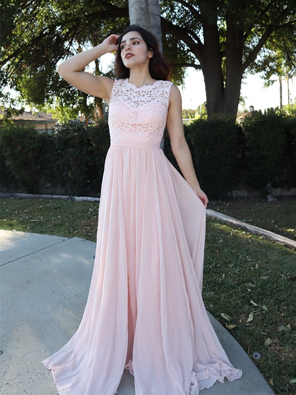 A-Line/Princess Sleeveless Scoop Chiffon Applique Floor-Length Dresses 4577