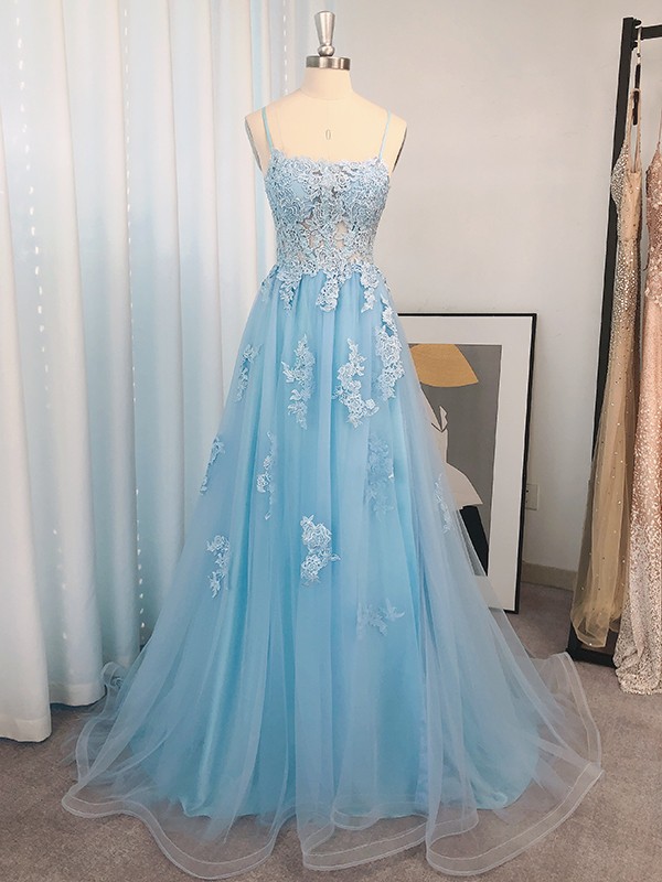 A-Line/Princess Tulle Applique Spaghetti Straps Sleeveless Sweep/Brush Train Dresses 5178