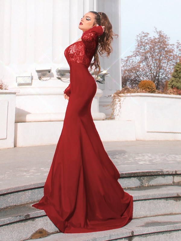 Trumpet/Mermaid Elastic Woven Satin Applique Off-the-Shoulder Long Sleeves Sweep/Brush Train Dresses 7031