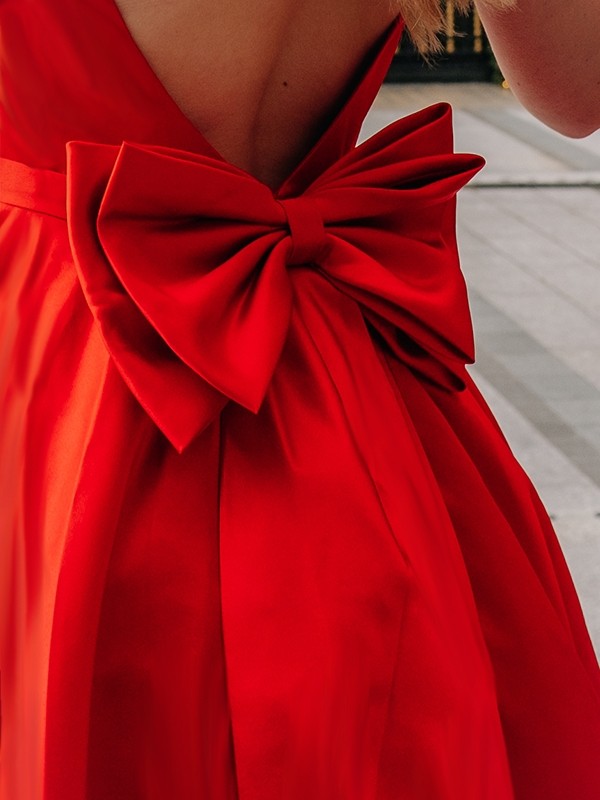 A-Line/Princess Satin Square Bowknot Sleeveless Tea-Length Homecoming Dresses 4256