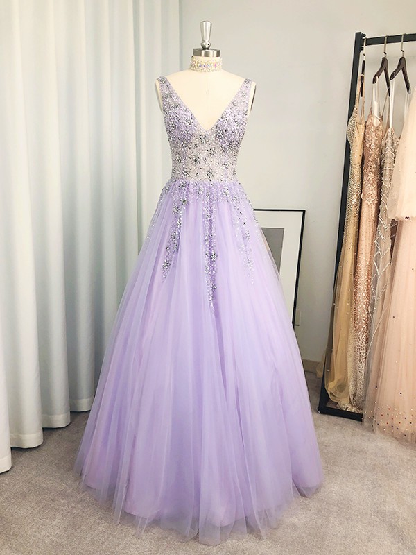 A-Line/Princess Tulle Beading V-neck Sleeveless Floor-Length Dresses 5295