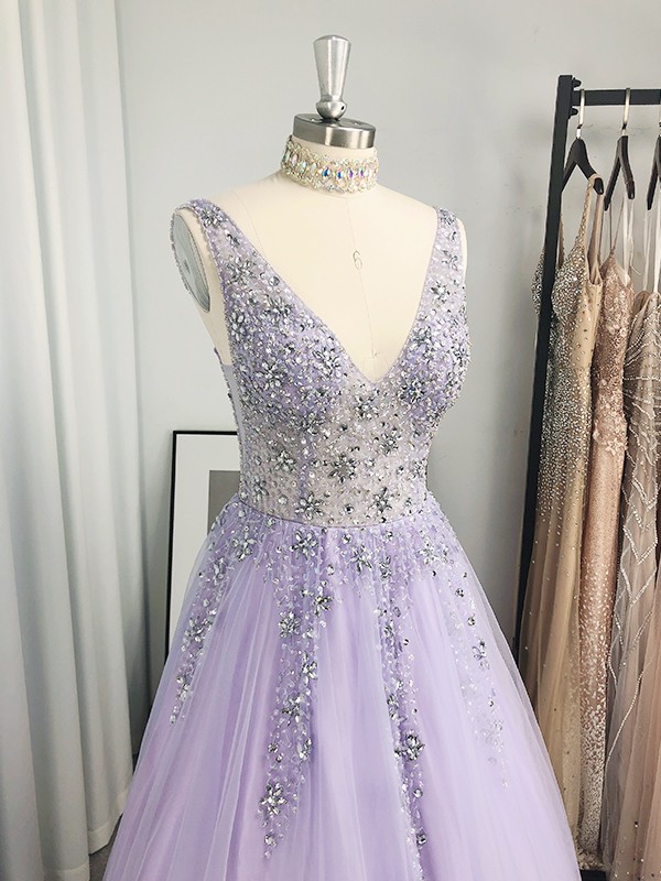 A-Line/Princess Tulle Beading V-neck Sleeveless Floor-Length Dresses 5295