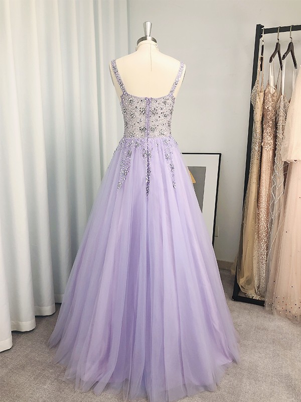 A-Line/Princess Tulle Beading V-neck Sleeveless Floor-Length Dresses 5295