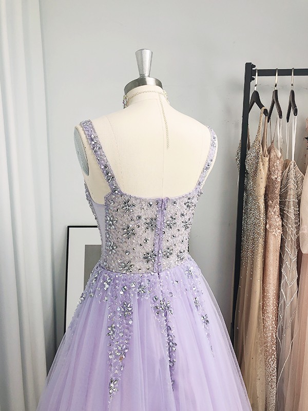 A-Line/Princess Tulle Beading V-neck Sleeveless Floor-Length Dresses 5295