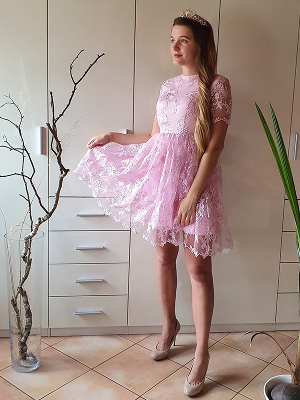 A-Line/Princess Short Sleeves Organza Sheer Neck Applique Short/Mini Homecoming Dresses 4431