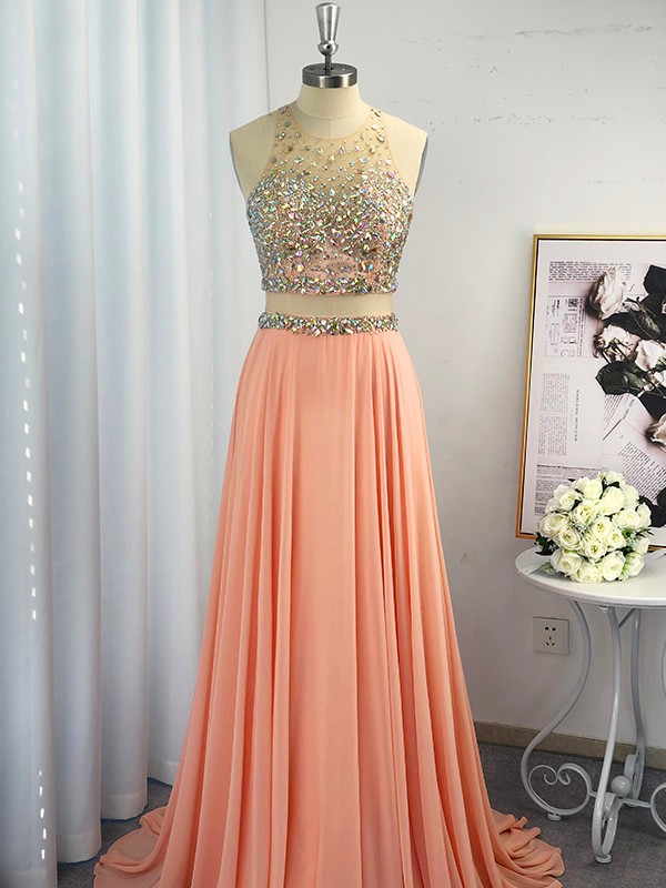 A-Line/Princess Scoop Chiffon Beading Sleeveless Sweep/Brush Train Dresses 4316