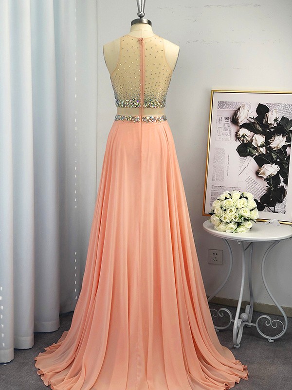 A-Line/Princess Scoop Chiffon Beading Sleeveless Sweep/Brush Train Dresses 4316