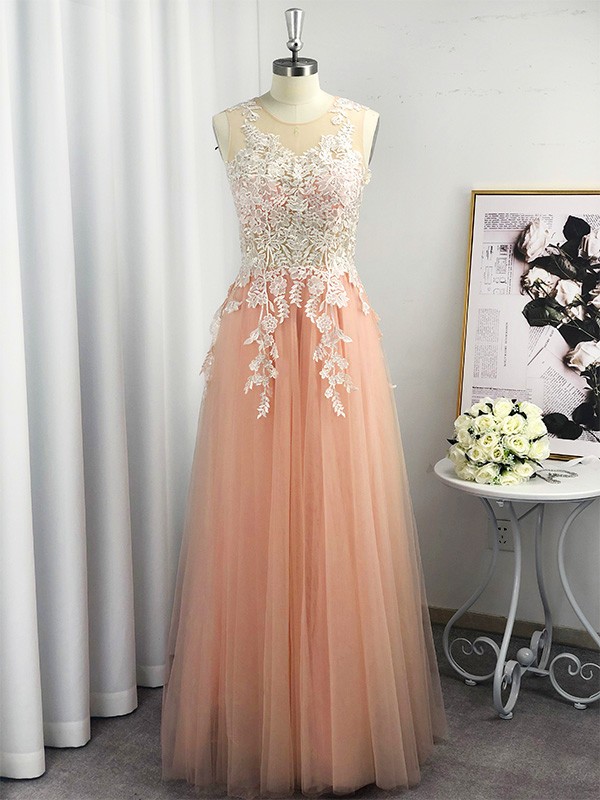 A-Line/Princess Scoop Tulle Applique Sleeveless Floor-Length Dresses 4372