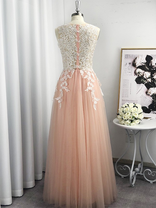 A-Line/Princess Scoop Tulle Applique Sleeveless Floor-Length Dresses 4372